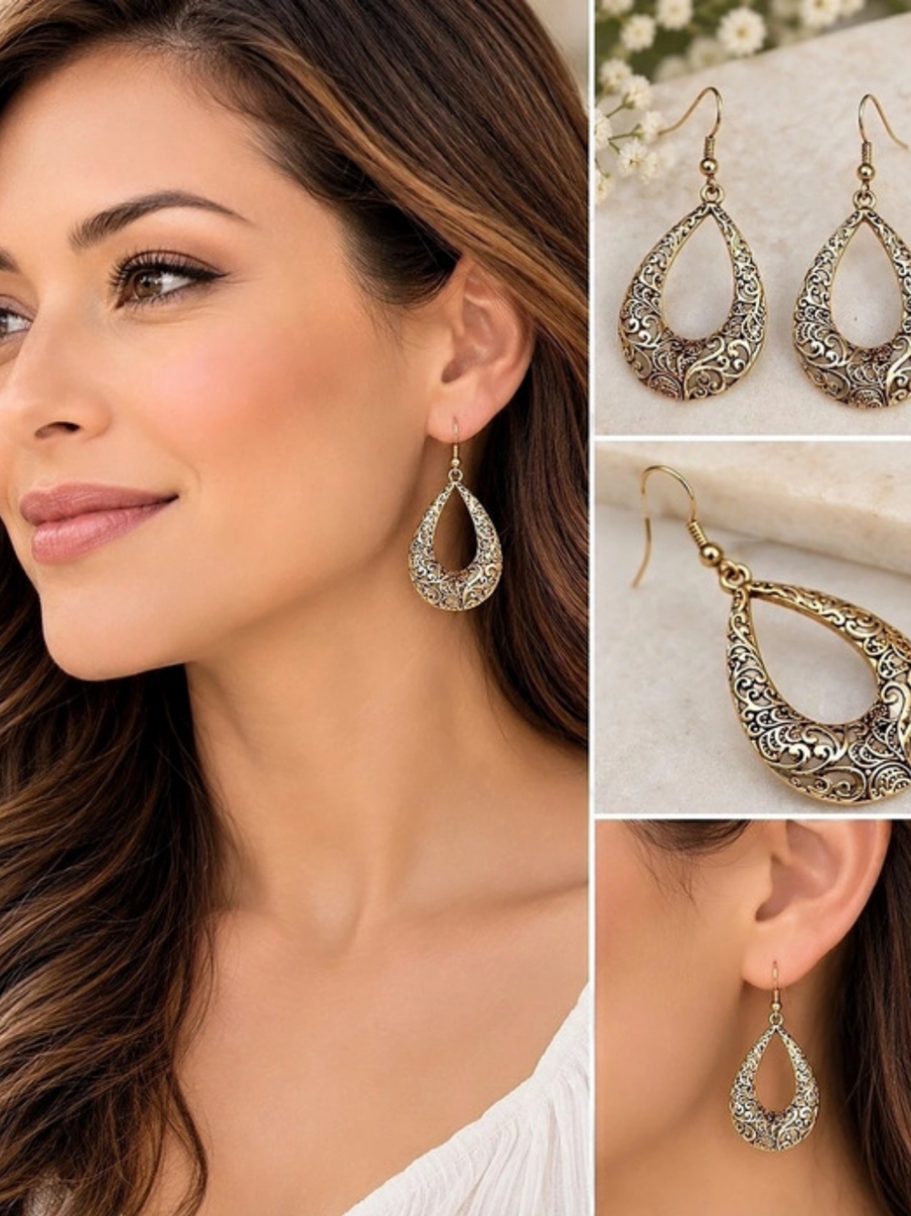 Gold Filigree Teardrop Dangle Earrings